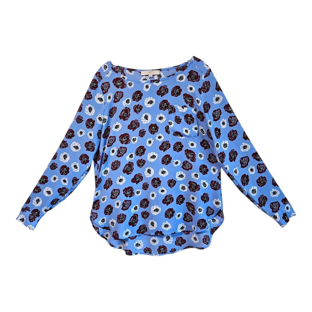 LOFT Ann Taylor Women's M Tunic Blouse Periwinkle Burgundy Floral Cottage 40"
